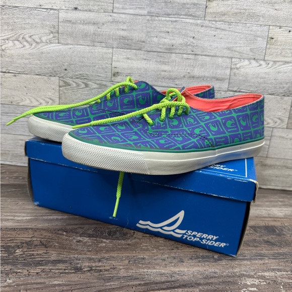 Vintage 90s Sperry Top-Sider Active CVO Print Sneakers Neon Purple Green Size 8 - Picture 2 of 11